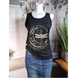 Graphic Racerback Tank "Hello Darkness My Old Friend" Dragonfly Black Sz S/M New